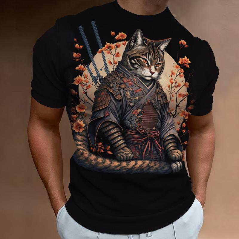 New Retro Men's T-Shirt 3d Samurai Cat Print Short Sleeve T-Shirt For Men Fashion Oversized Man Clothes