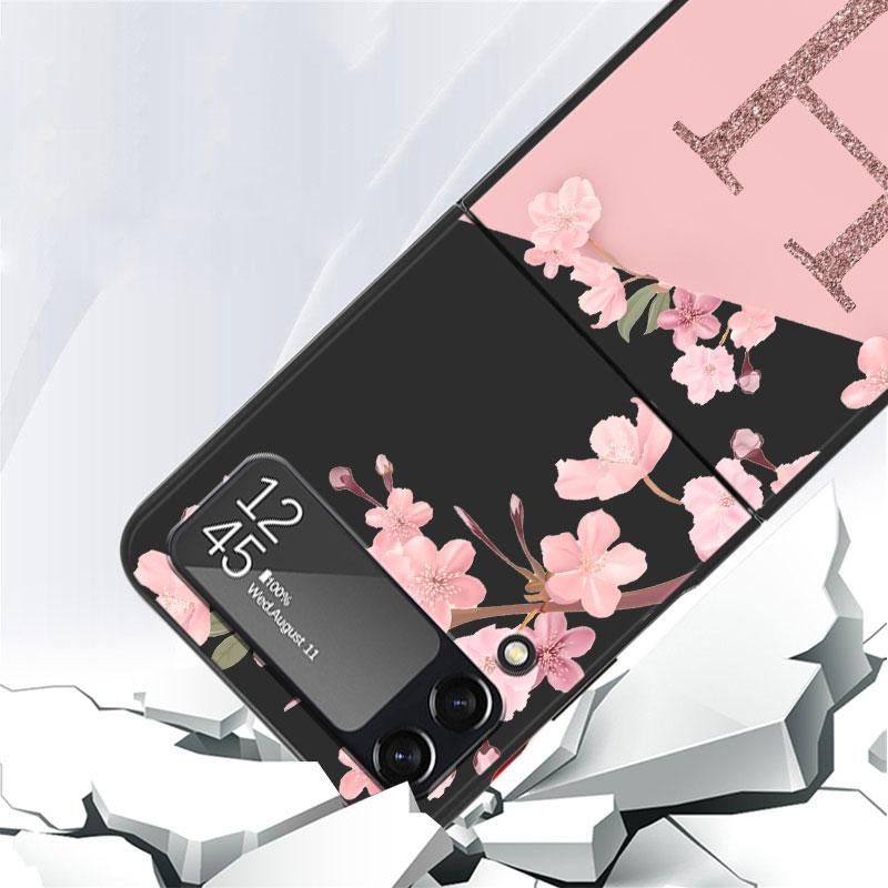 Flower Letter Pink Fashion Initial G L Luxury Case For Samsung Galaxy Z Flip 3 4 5G Funda ZFlip 3 Black PC Hard Back Phone Capas