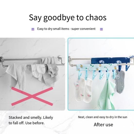 Clothes Socks Hanger with 6 Clips Strong Load-bearing Fastener Tape Design Folding Clothes Hanger Clips Towel Drying Rack
