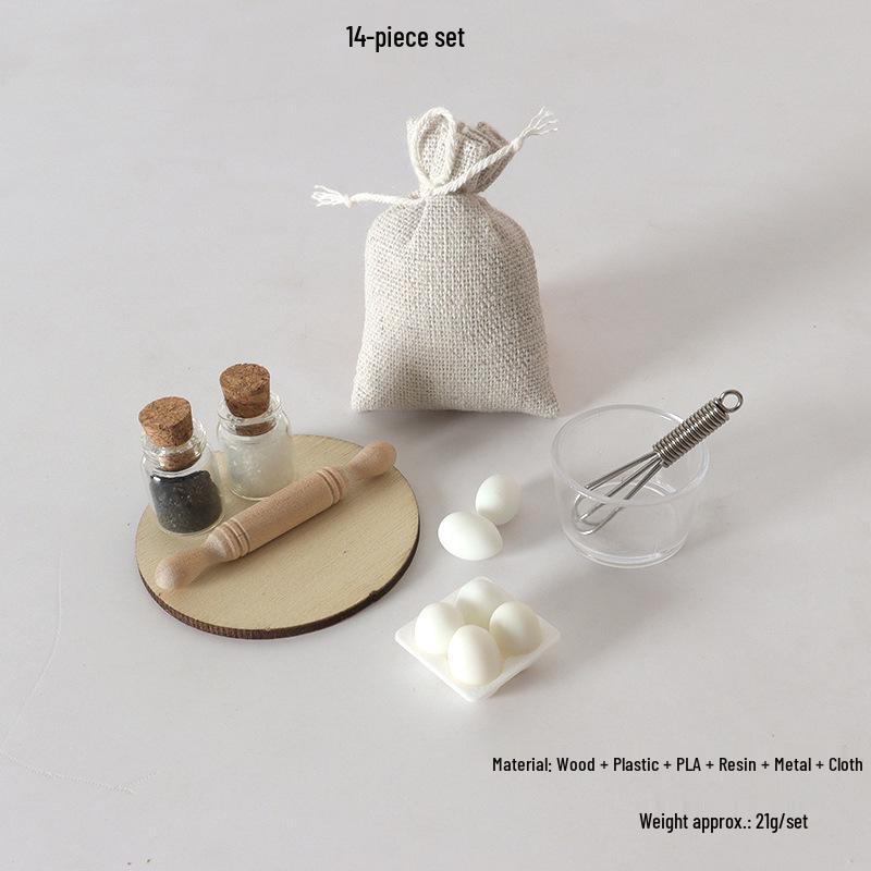 Miniature Kitchen Set: Rolling Pin, Flour Bag, Whisk, Eggs, Olive Oil for Dollhouse Scenes