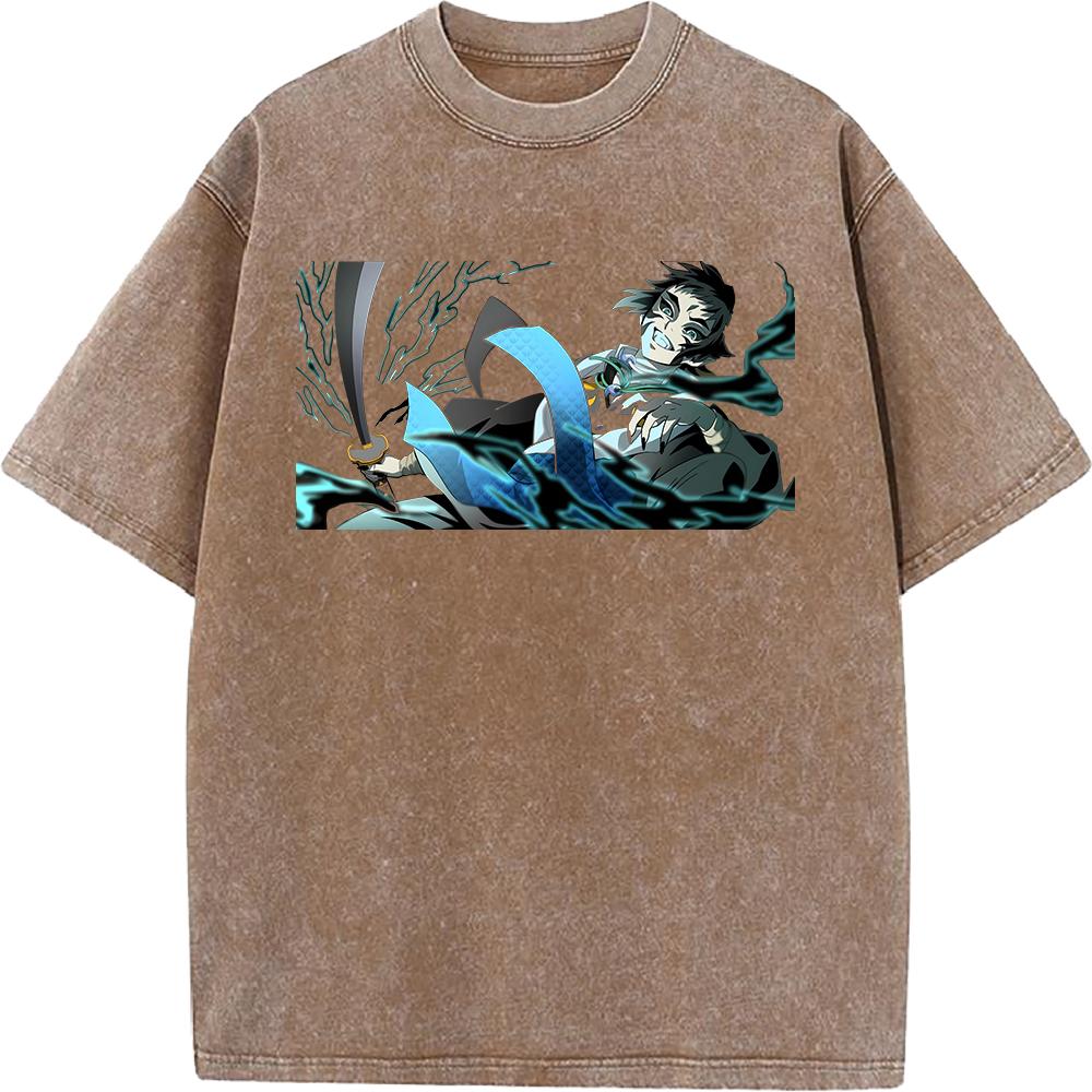 Kaigaku Graphic Washed T Shirt Demon Slayer Anime Tee Men Oversized Cotton Tshirts Harajuku Male Short-sleeve Vintage T-shirt