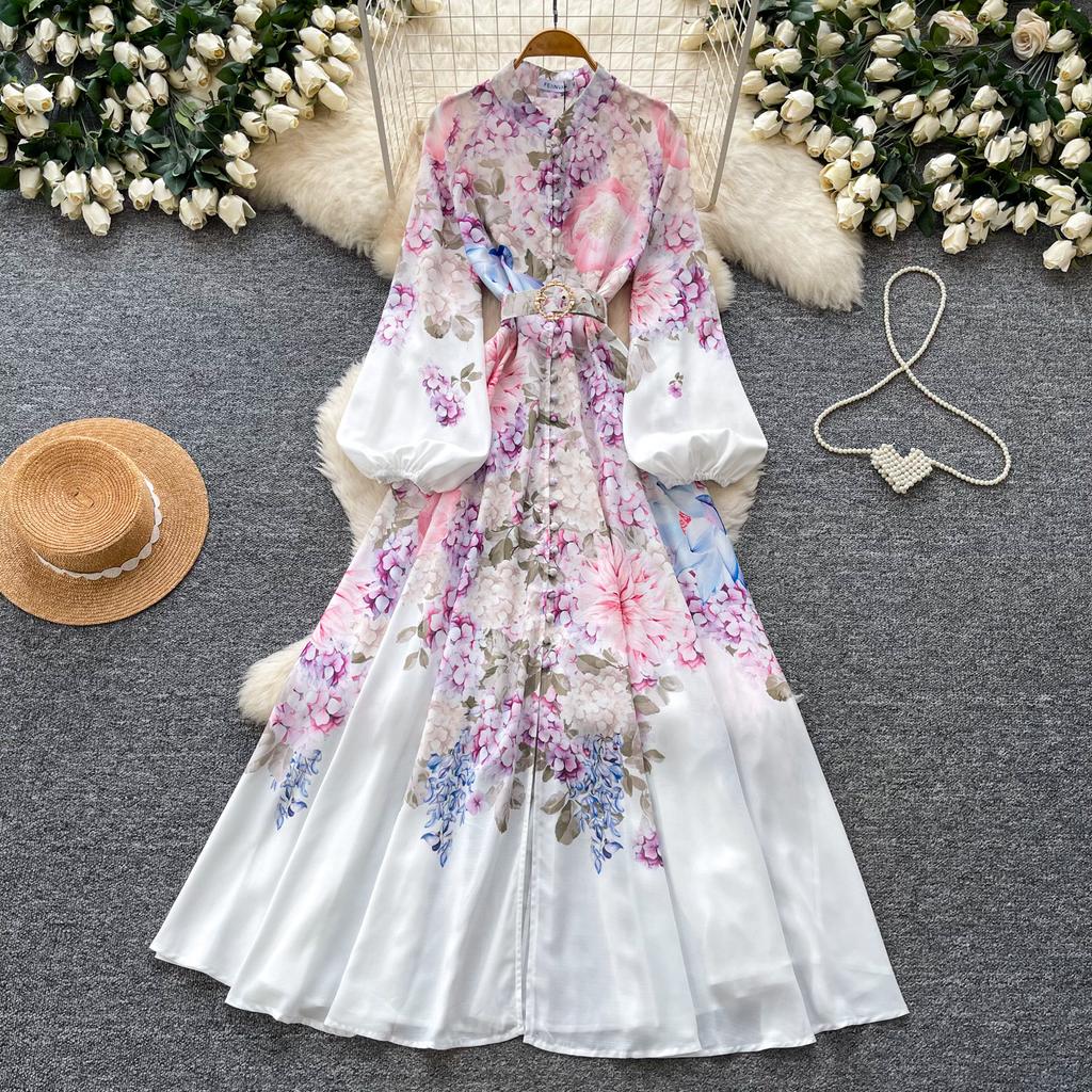 Spring/Summer Romantic Floral Print Stand-Up Collar Bell-Sleeve Slimming Party Dress for Women Elegant Single-breasted Maxi Dress with Belt