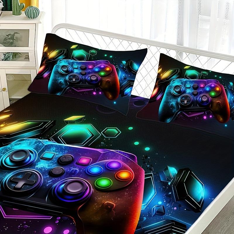 Cool Gamepad Pattern Bed Hat Three-Piece Digital Printing Bedroom Room School Dormitory Bedding