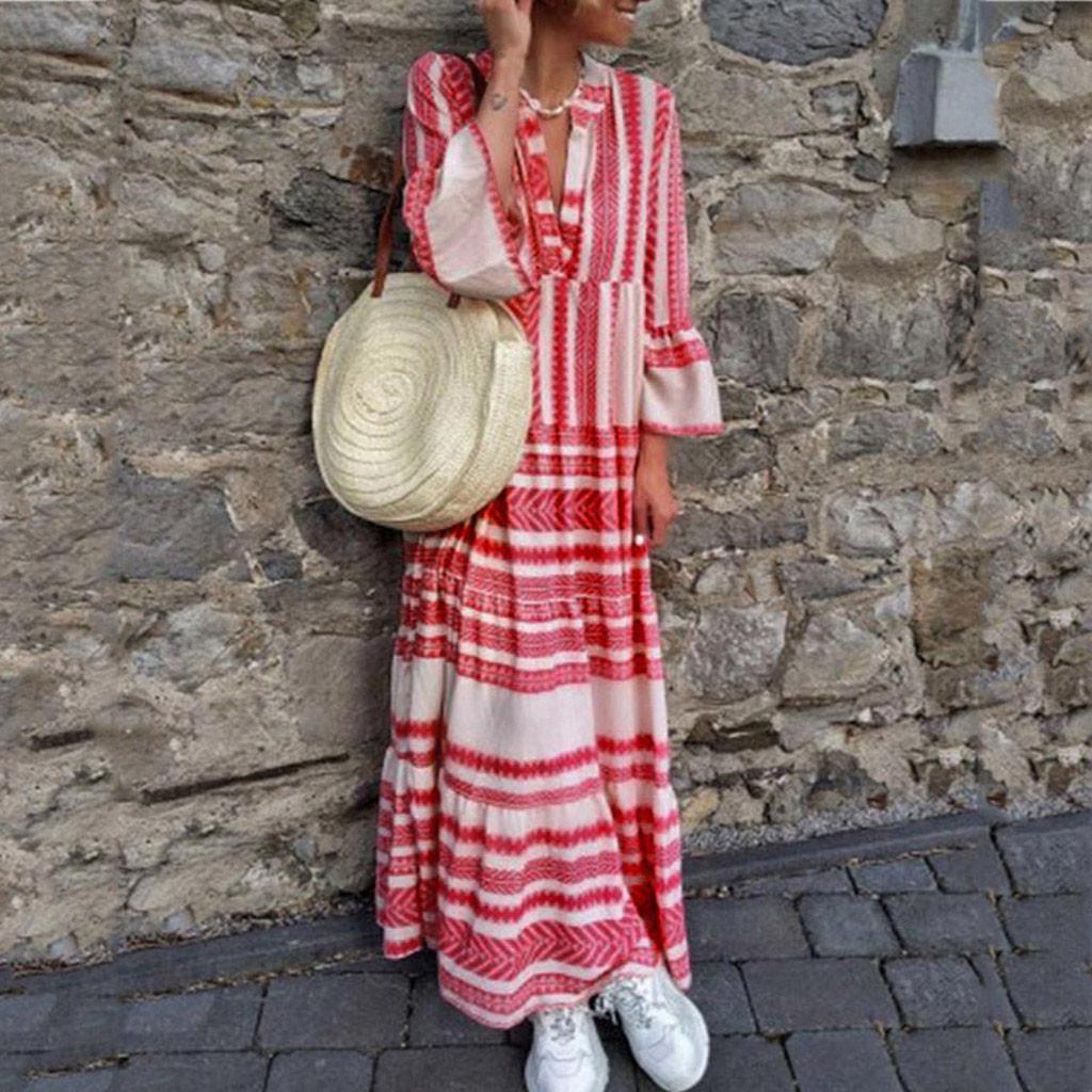 Fashion Women Summer Printed V Neck  Long Dresses Bohemian Dresses