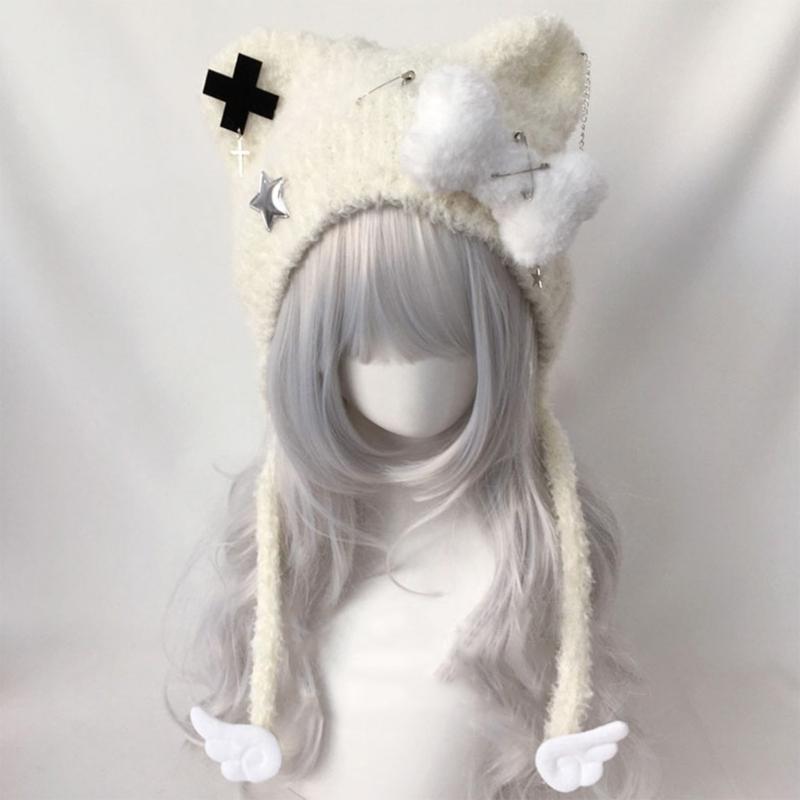 Bear Ear Knitted Hat Punk Crossed Winter Hat Soft Furry Knitted Snow Hat for Women Outdoor Activity Travel