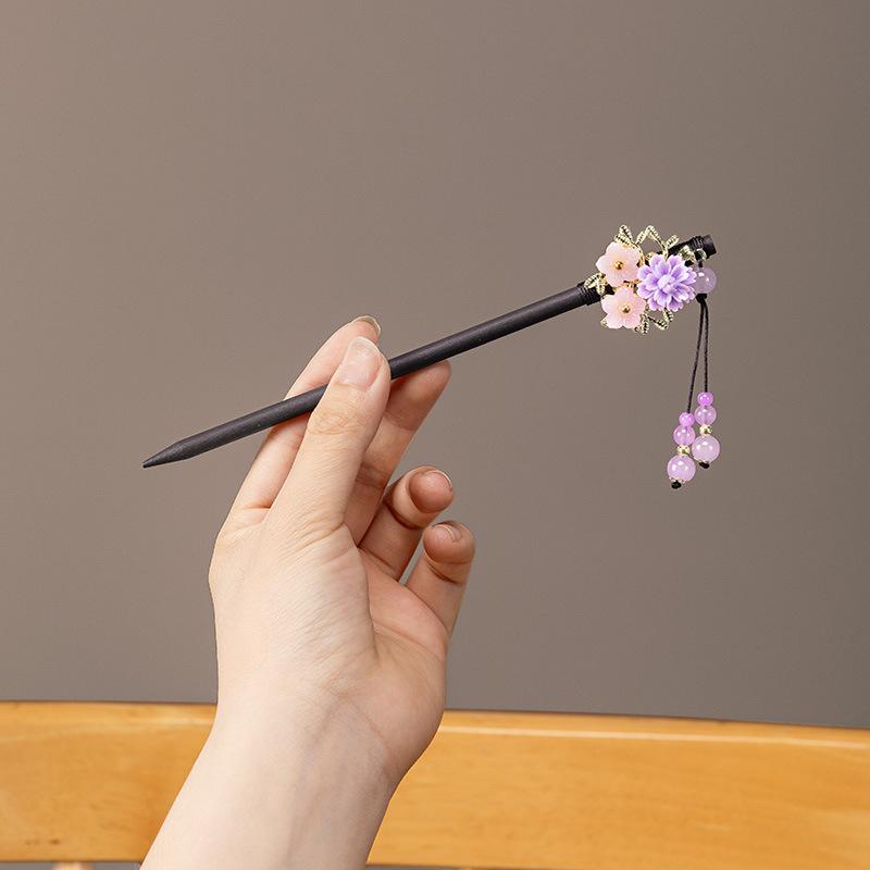 Retro Chinese Style Hairpin For Women Elegant Wooden Flower Tassel Hair Stick Vintage Jewelry Hair Accessory Girls Hairpins