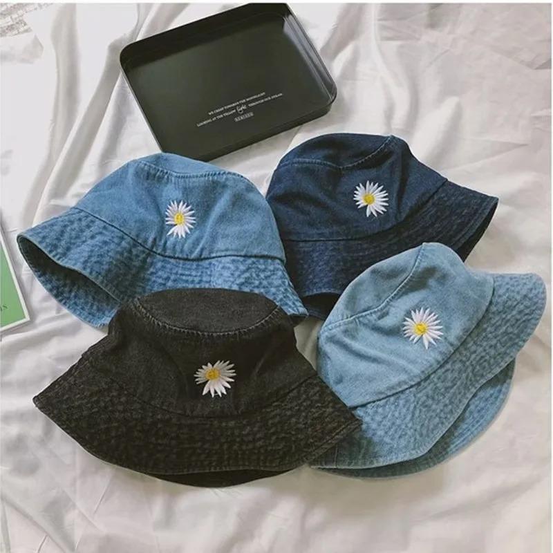 Korean New Ins Daisy Embroidery Bucket Hats Women Men Panama  Summer Sun Hat Fashion Flower Bob Washed Denim Basin Cap