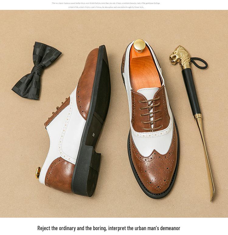 British Men's Carved Leather Brogues with Pointed Toe - Plus Size Formal & Casual Color Block Shoes