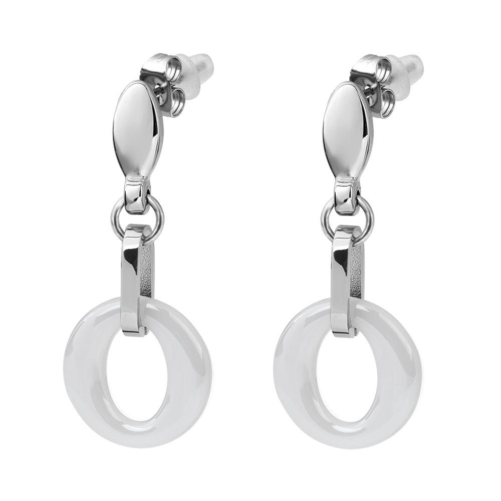 European & American Stainless Steel Black & White 15MM Round Hollow Ceramic Earrings