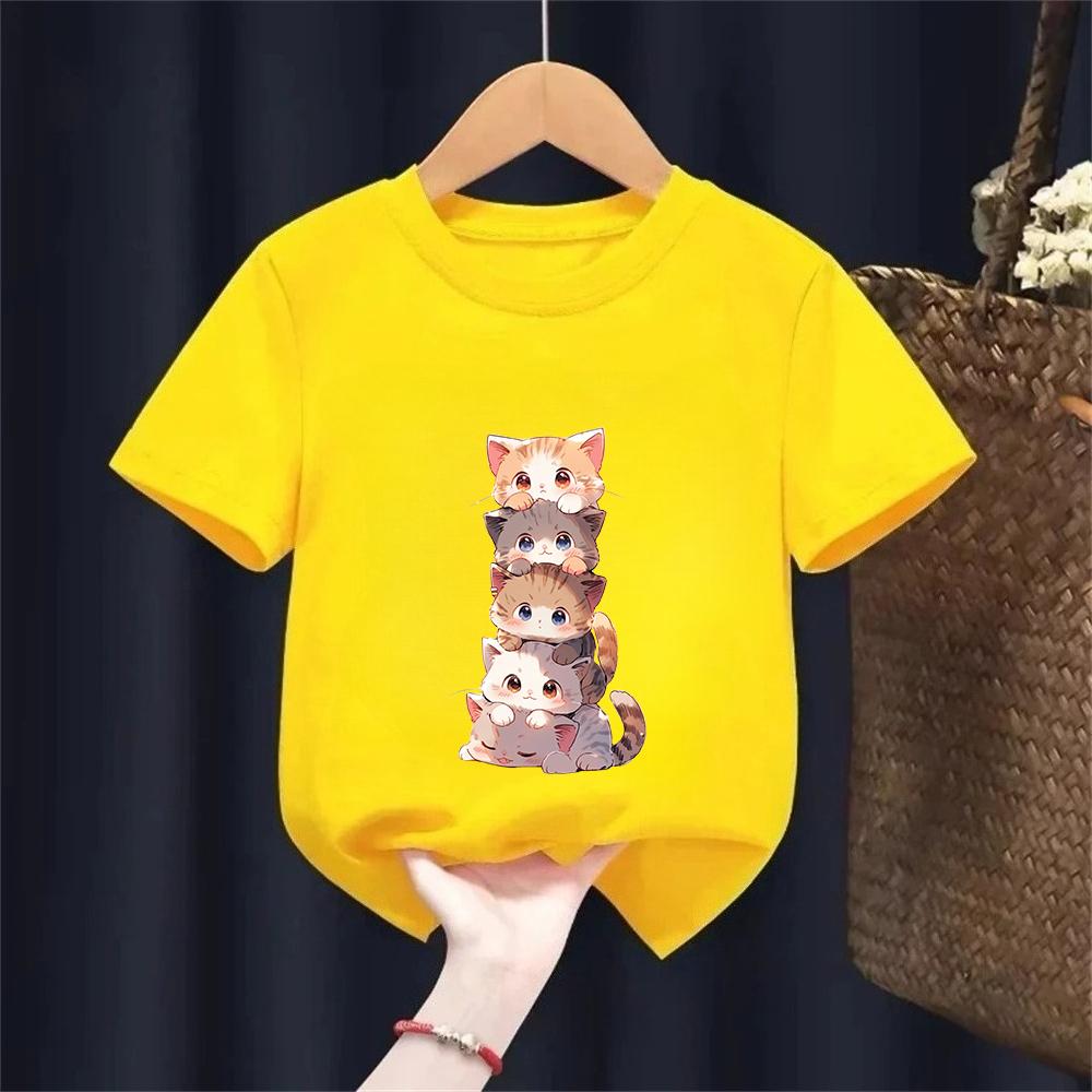 Fashion Funny Cat T Shirt Kids Letter Print Short Sleeve Round Neck Boys Girls Casual Summer Breathable Tshirt 110