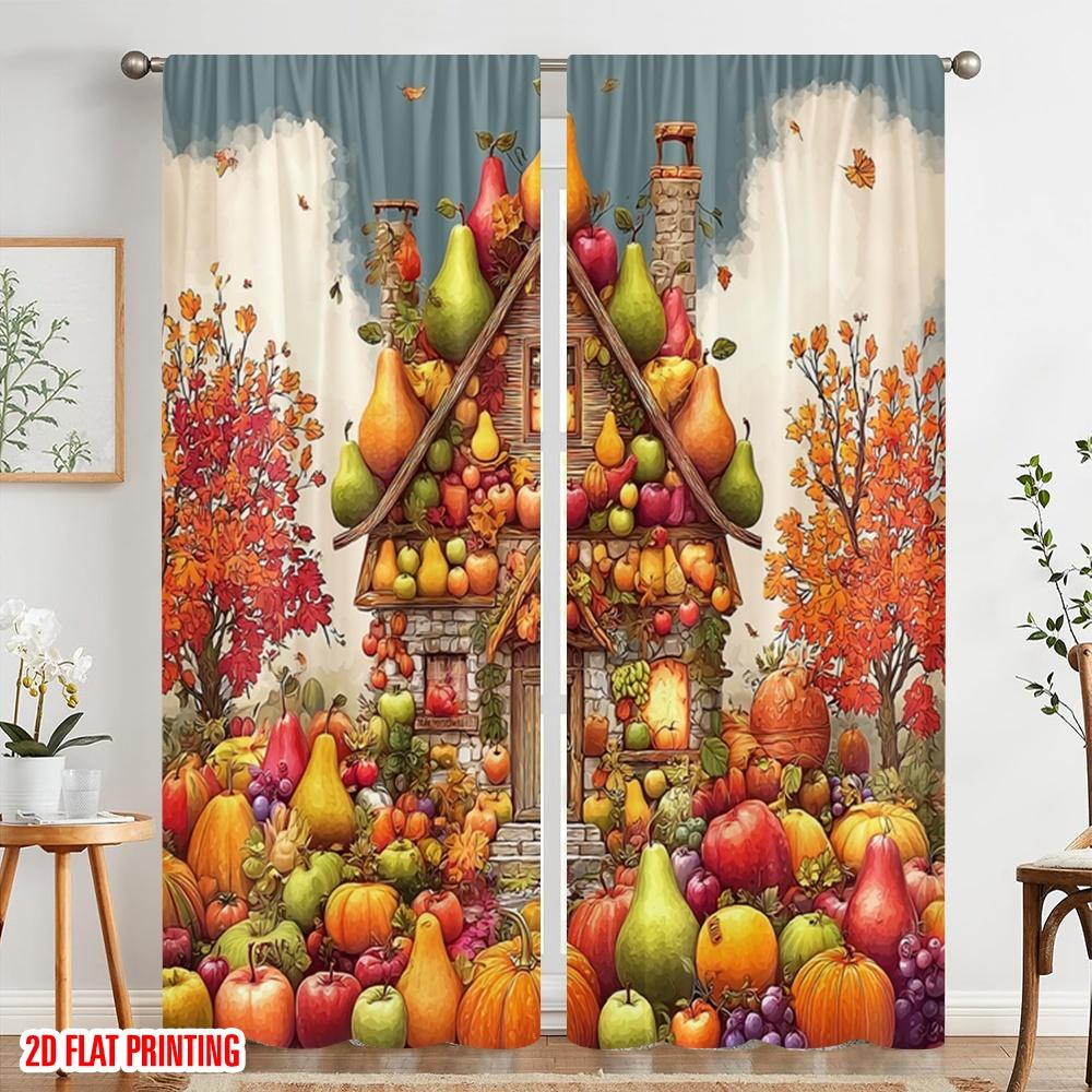 2pcs,2D Plane Printing Curtain Popular Autumn Fruit House Versatile Durable Polyester (without Rod) Room Decor Use for Bedroom