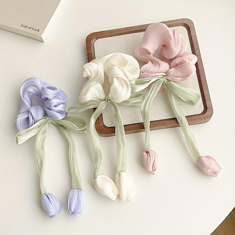 3pcs Sweet Girl Wind Mesh Strap Tulip Large Intestine Hair Hoop Handmade Butterfly Knot  Rope Tie Ponytail Knot Hair Tie
