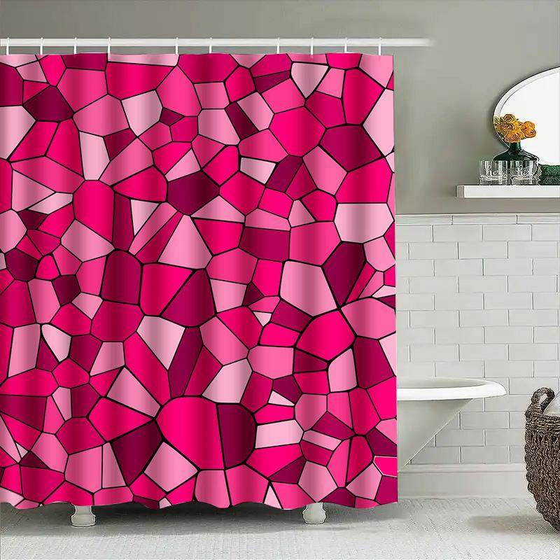 Bright Pink Geometric Shower Curtain 3D Mosaic Waterproof Bath Decoration