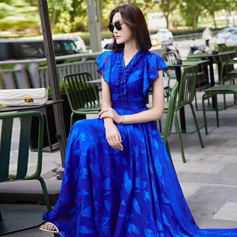 French Style Chiffon Summer Dress Women Long Elegant Beach Dress with Flowy Hem