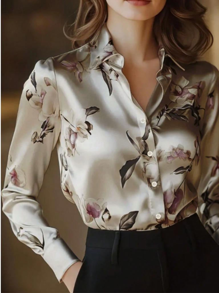 Floral Print Button Down Long Sleeve Shirt, Suitable For Dates, Holidays, Everyday, Birthday Parties, Singles Parties, Travel, Spring/Autumn Vacation