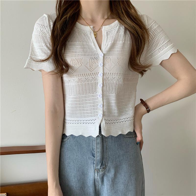 Fashion Hollow Out Thin Knit Short-sleeved Cardigan Tops Summer Casual Summer Essential Comfort and Style Slim Fit Pullovers Tees