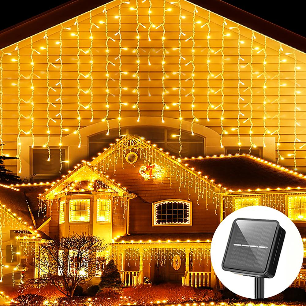 3.5M LED Solar Icicle String Lights Waterproof Eaves Decor Light Outdoor Curtain Icicle Light Patio Yard Garden Party Decoration