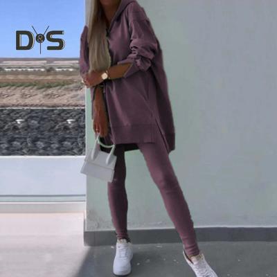 2 Adet/Takım Kadın Üst Pantolon Seti Kapşonlu Uzun Kollu Yırtmaçlı Kapşonlu Esnek Bel Slim Fit Pantolon Spor Fitness Eşofman Takımı