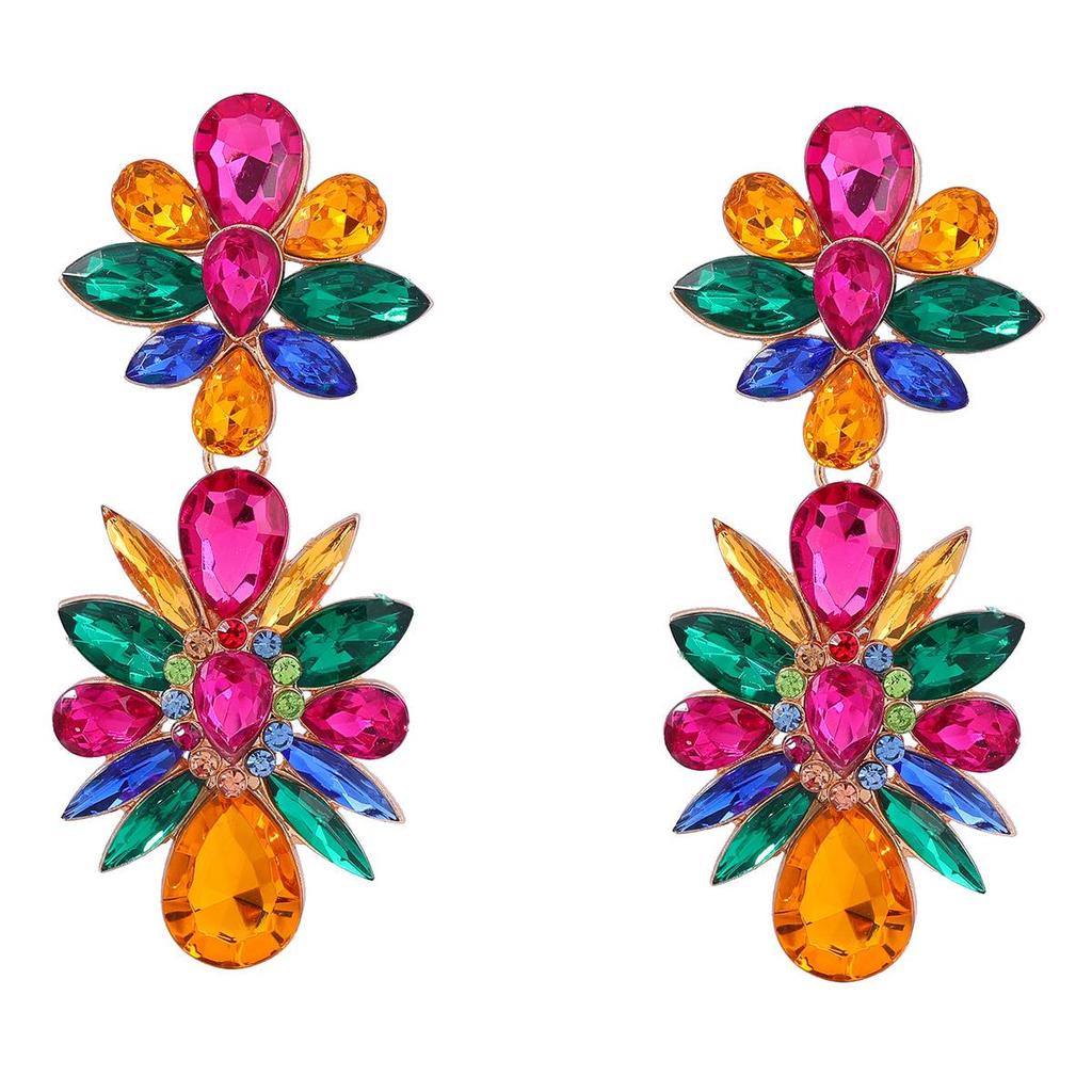 Exaggerated Multi-Layer Diamond Floral Alloy Earrings for Women