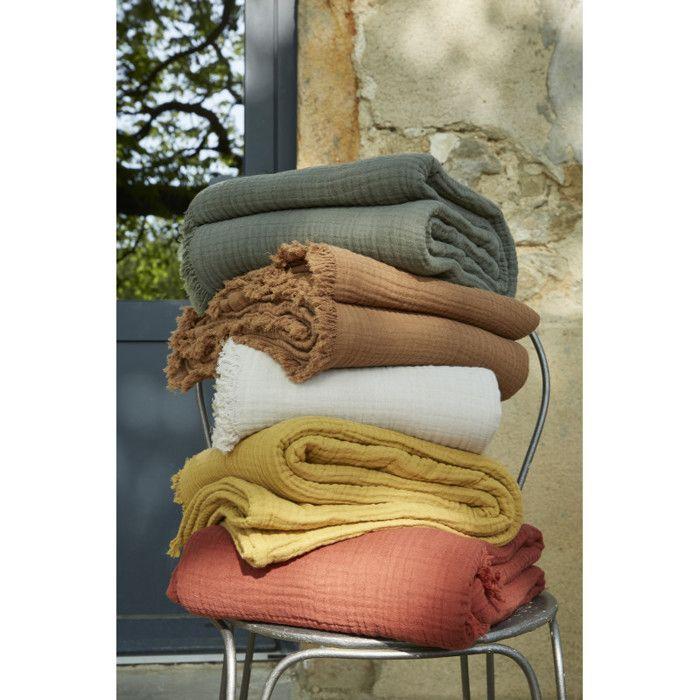 Plaid à franges "Gaïa" toutes dimensions "Gaze de Coton" - Gaïa Safran - 180 x 220 cm