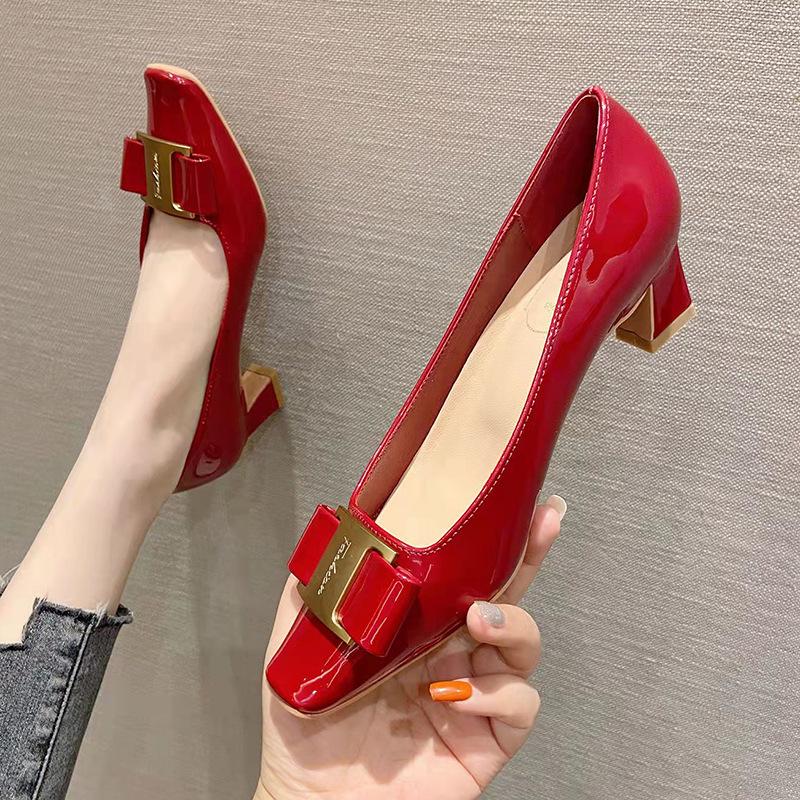 Chaussures simples à talons épais et bout carré pour femmes, chaussures de travail professionnelles en cuir verni à talons hauts français pour printemps et été