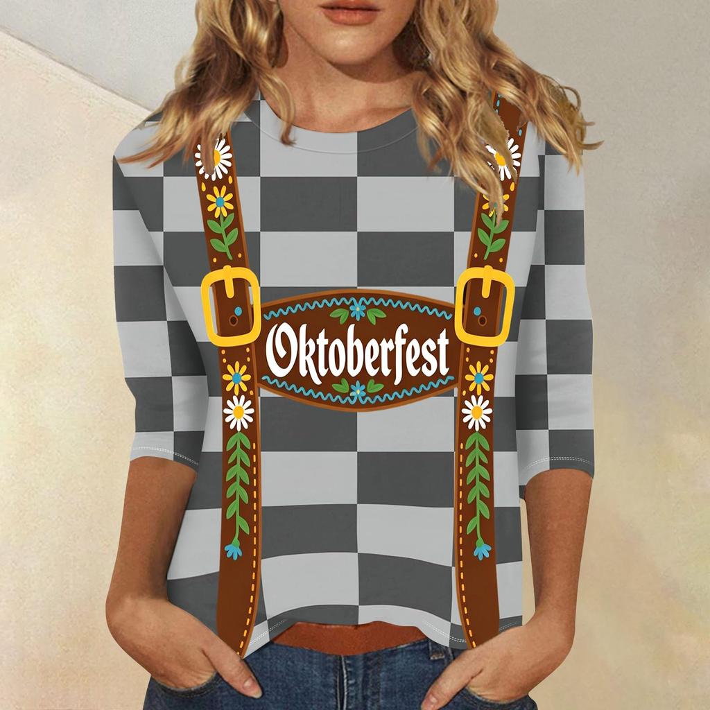 Women's Casual Plaid Three Quarter Sleeve Shirt Oktoberfest Print Round Neck Top Lightweight Soft Fabric Comfortable Fit