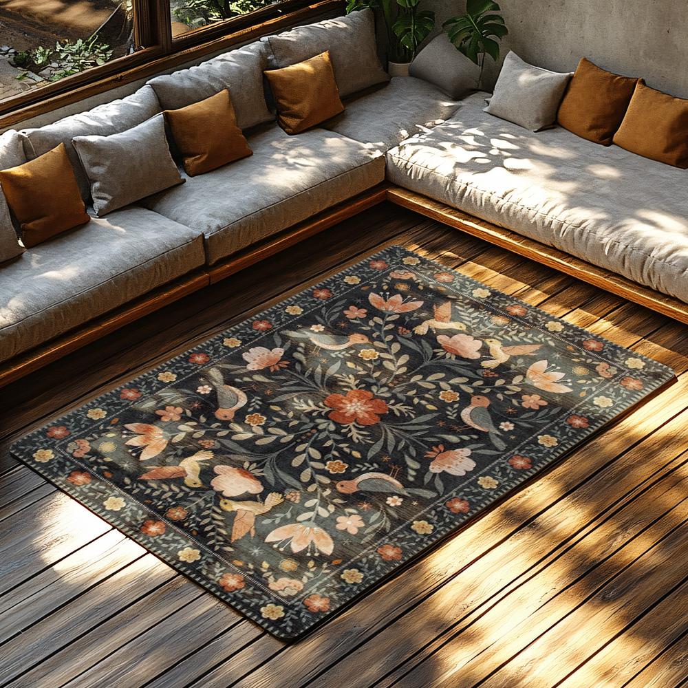 Dark Background Floral Bird Rug, Bohemian Garden Pattern Non-Slip Carpet, Orange Accent Living Room Mat for Home Decor