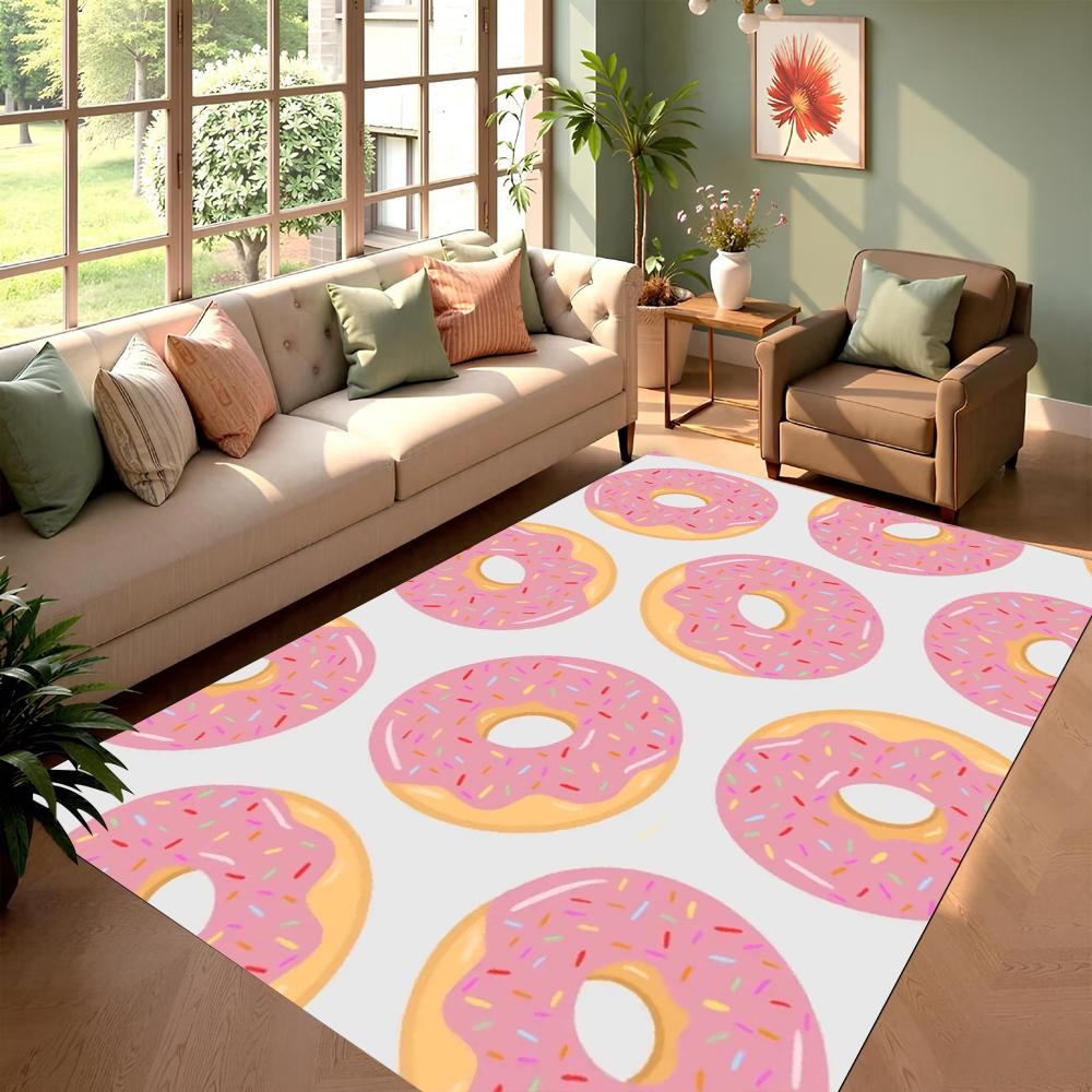 Cute Donut Pattern Area Rug Dessert Print Carpet Modern Pink Girly Home Decor Soft Non-Slip Floor Mat for Living Room Bedroom