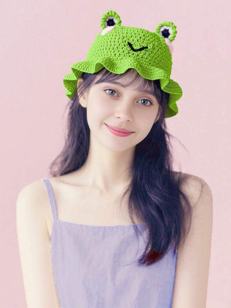 Neutrální ručně háčkovaná pletená čepice s roztomilýma ušima v hip rybářském stylu na párty s volánky hip-hop cosplay