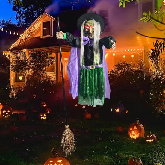6 FT Halloweenská létající čarodějnice dekorace Hlasem aktivovaná animatronická čarodějnice na koštěti se svítícíma očima pro zahradu dvůr trávník venkovní vnitřní dekorace