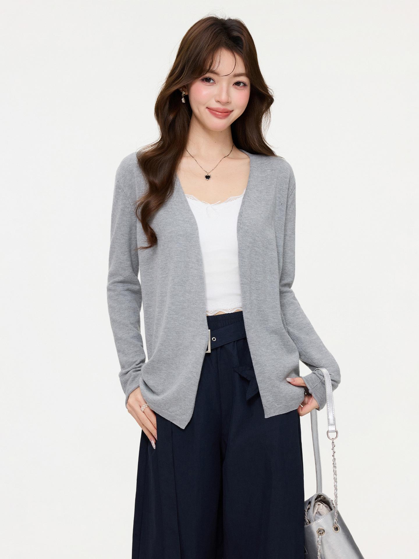 

grey thin long-sleeved knitted cardigan jacket, winter new base with high-end temperament medium and long top for women One size fits all серый