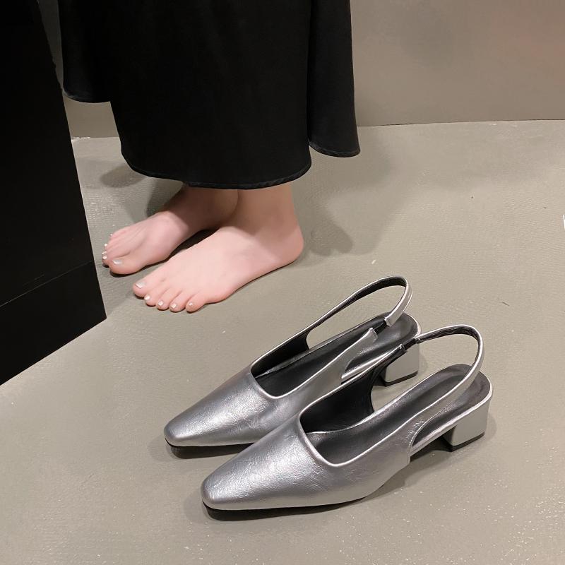 Fashion Designer Summer New Women Sandal Fashion Pointed Toe Shallow Slip on Ladies Elegant Slingback Shoes Thin Med Heel Dress Mules