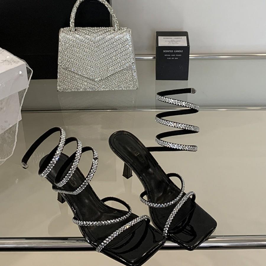 Cool Slippers with Open Toes Sexy Summer Fashion Rhinestone Square Head Wear High Heels Wind Word Fairy Sandals French