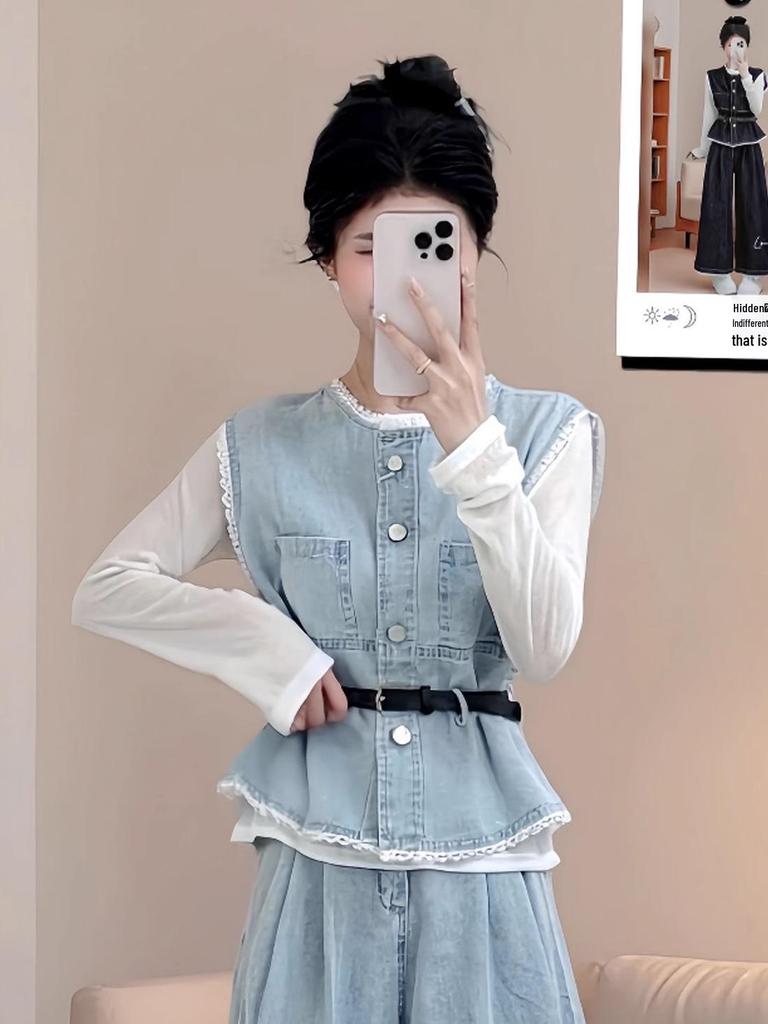 Spring Plus Size Layered Vest & Wide-Leg Jeans Fashionable Three-Piece Set