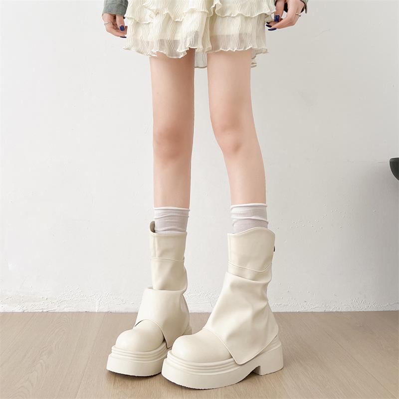 Queen Fan White Retro Thick-soled Heightening Martin Boots Women's 2025 New Summer Skinny Pants Short Boots