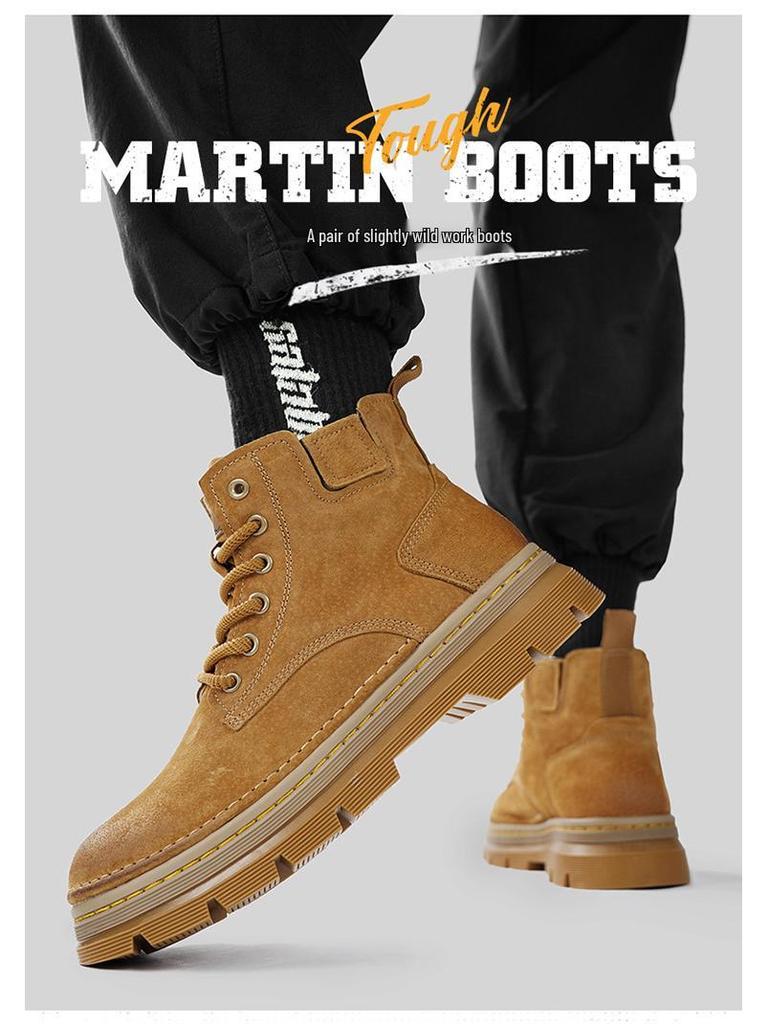 Men's Genuine Leather High-Top Martin Boots - Yellow Retro Winter Snow Shoes with Plush Lining