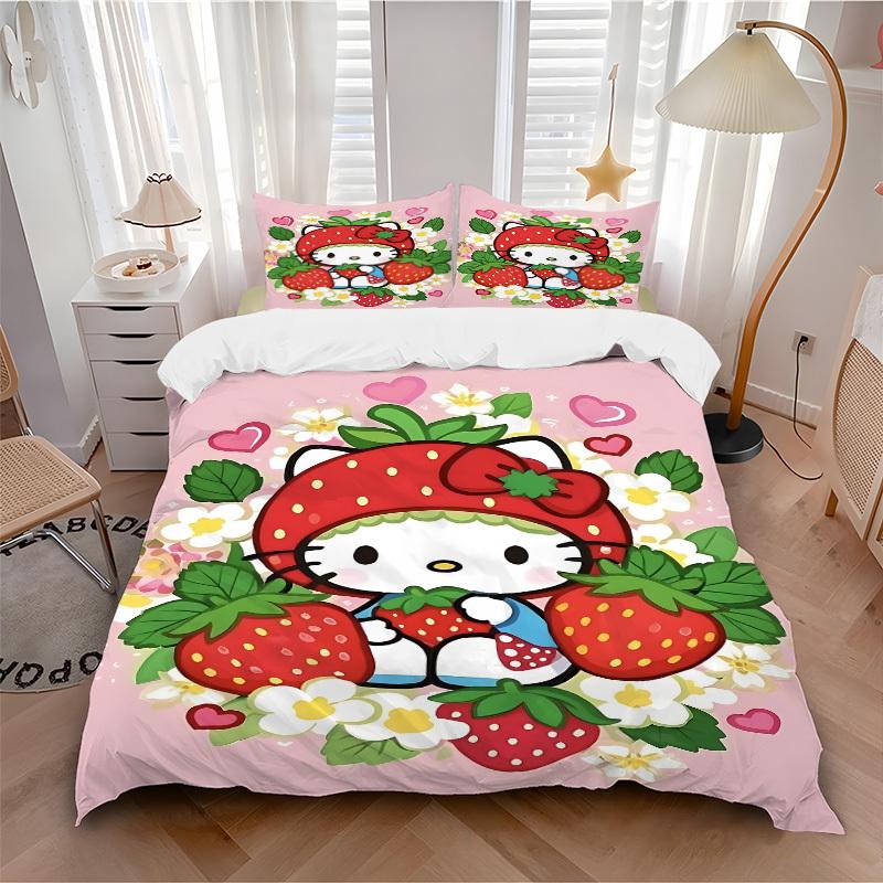 3pcs Strawberry Hello Kitty Cover Set, 1 Cover + 2 Pillowcases (No Insert), Bedding for All Seasons, Bedding,Bedroom Decor Yy250922020