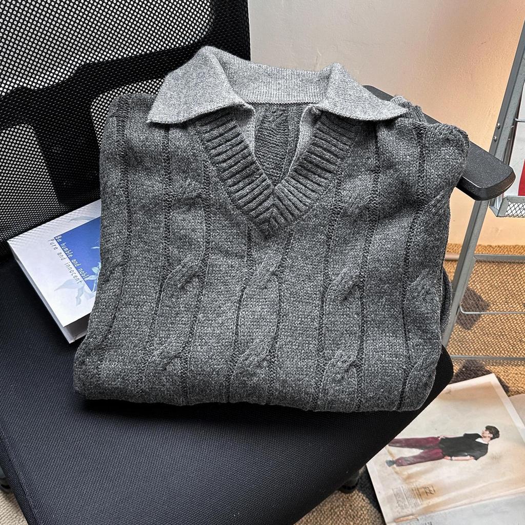 Men's Autumn Retro Faux Two-Piece Cable Knit Polo Sweater – Versatile Loose-Fit Pullover Knitwear