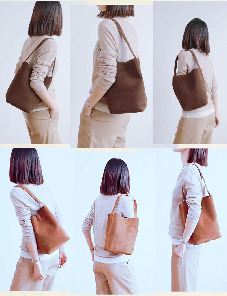 HIKKER-LINK Women's Genuine Leather Bucket Bag, Freestanding Bucket-Shaped Tote Bag, Large Capacity, A4 Size Storage, Multifunctional, Suede Bucket