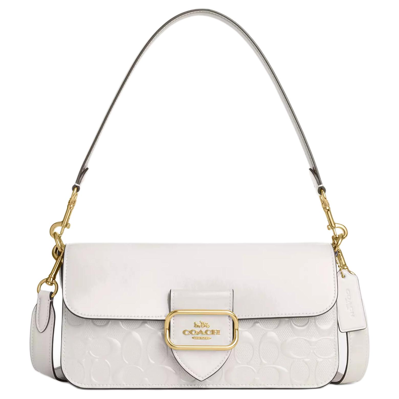 Coach Morgan 27 Removable Shoulder Strap Snap Flap Closure Patent Leather Tote Crossbody Shoulder Bag Large Women bags Chalk-White Gold CT856-CHALK Basic Set (Bag+Dust Bag)