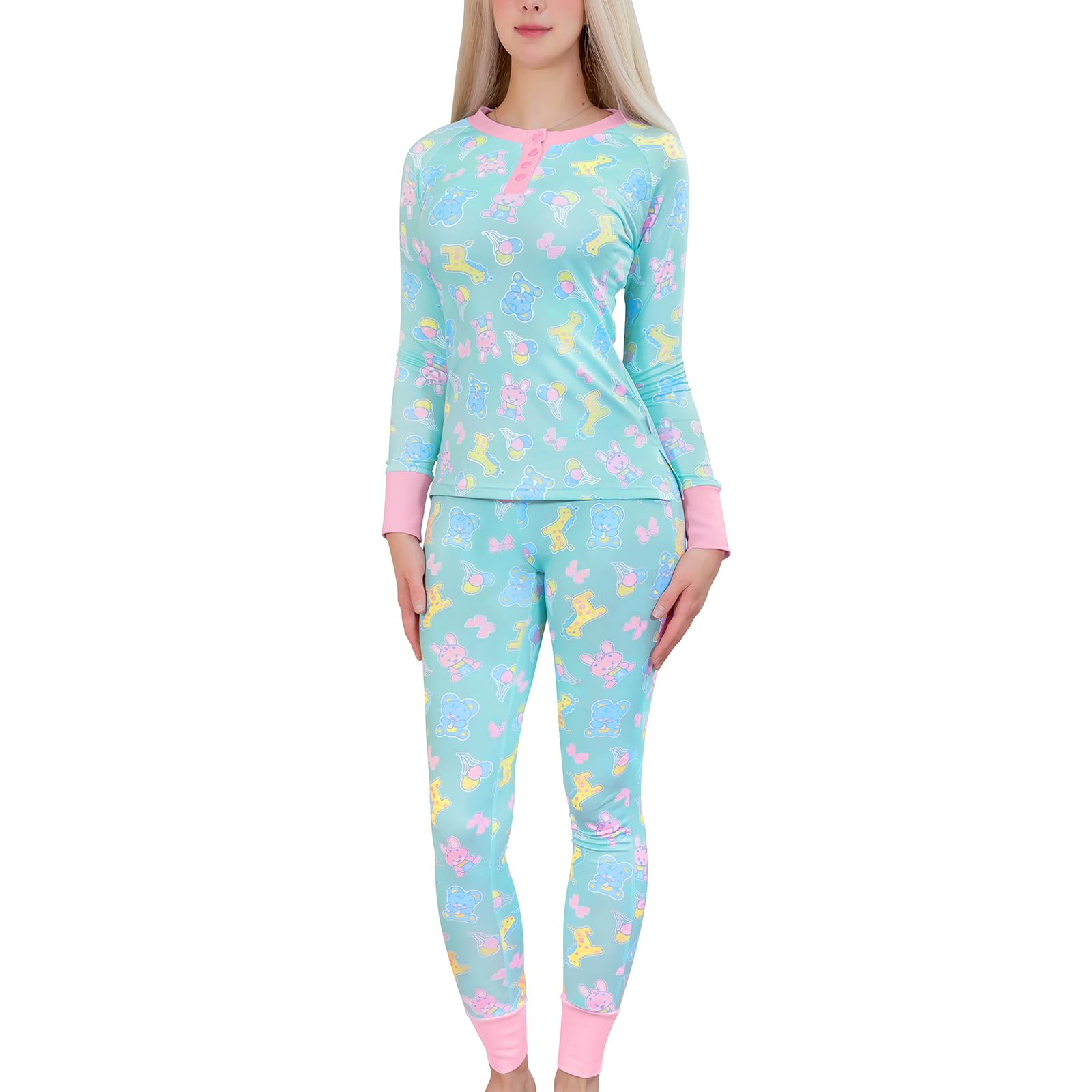 

LittleForBig Adult Silk Pajama Set Long Sleeves and Size M (2-Piece Set) [Amusement Park] Pants, Loungewear, Stretchy, Unisex, Green,