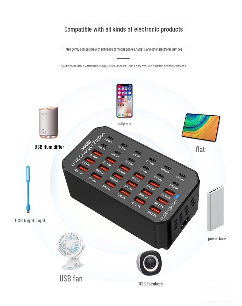 30-Port 300W USB Multifunction Charger for Apple, Huawei Tablets & Phones - PD Fast Charging Desktop Station