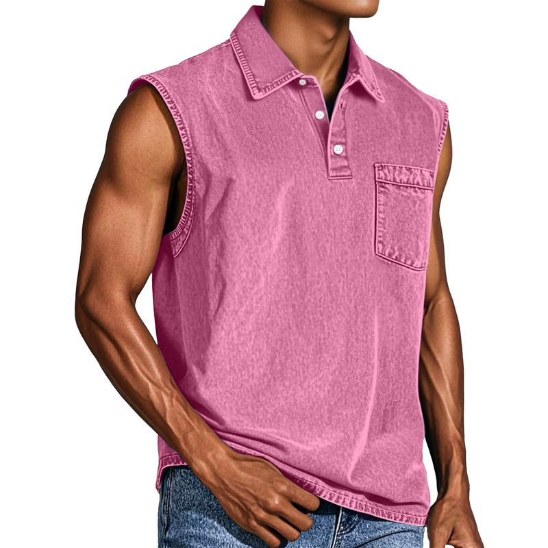 Men's Vintage Wash Sleeveless Polo Shirt Casual Denim Look Tank Top Button Down Vest Summer Beach Streetwear