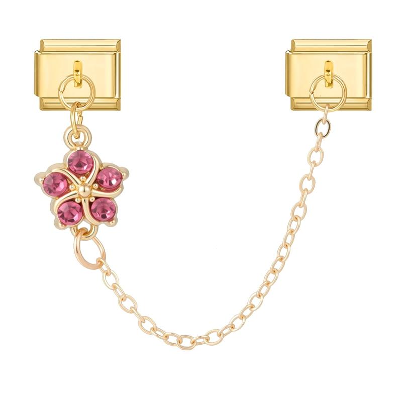

Gold Color Pink Zircon Flowers Rose Leaves Tassel Chain DIY Italian Charm Links Fit 9mm Stainless Steel Bracelet for Men Women
