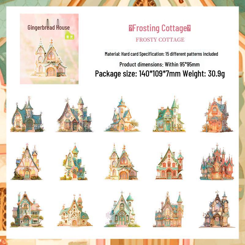 Dark Phantom Romantic House Sticker Pack: 15 Sheets of White Hard Card Paper for Journaling and Decoration.