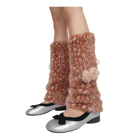 Deer Print Leg Warmers Women Faux Fur Fuzzy Calf Warmers with Pompoms Fluffy Boot Cuffs Cover for Sneakers Girls Winter Street Wear
