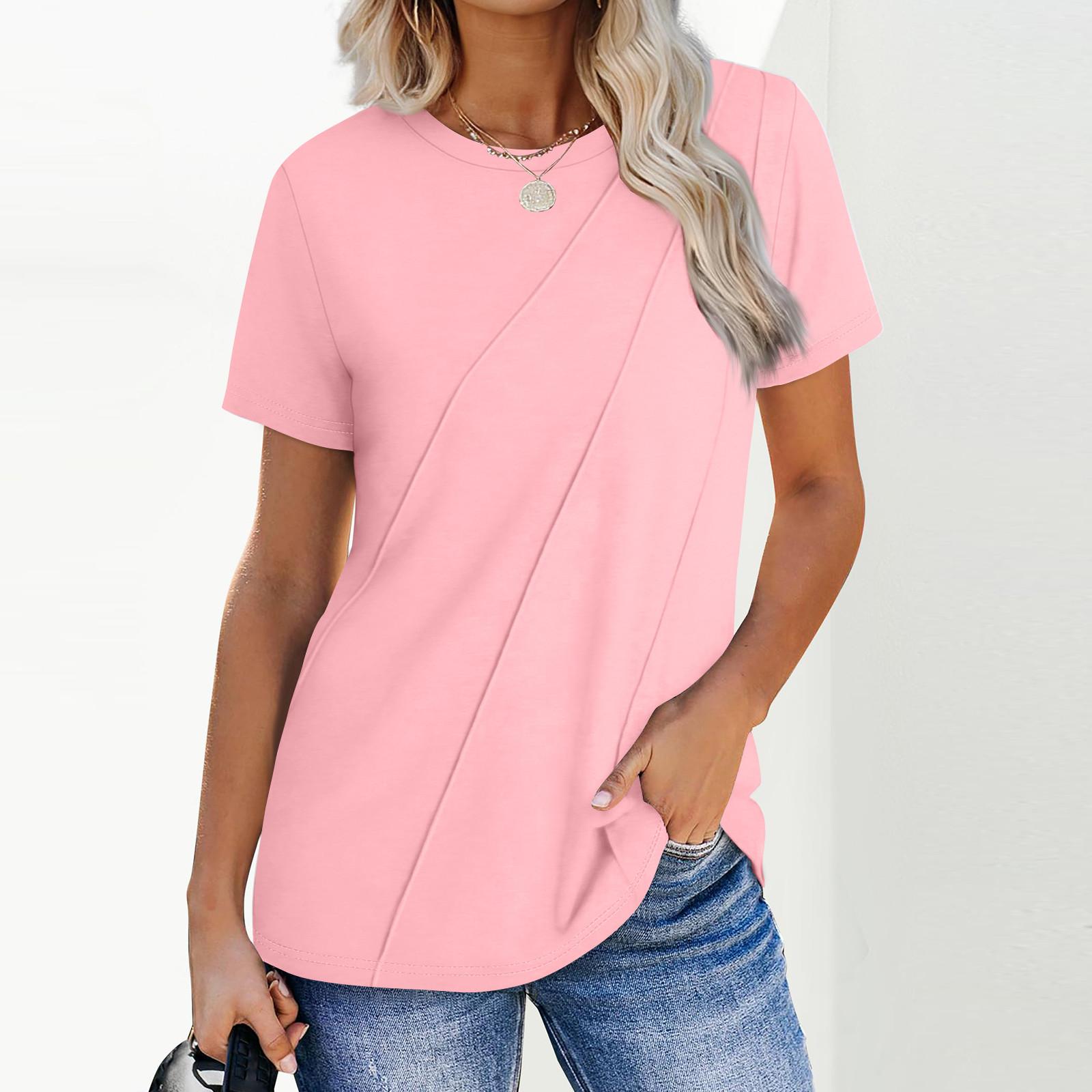 

Женская мода повседневная с коротким рукавом однотонные топы плиссированная модная одежда футболка XXXL розовый