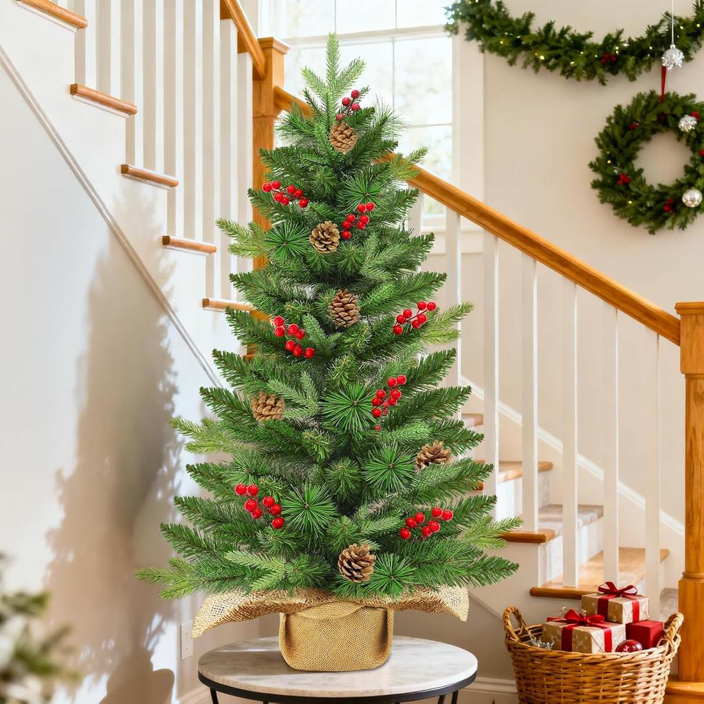 3 ft Artificial Christmas Tree with Dual Color Lights, Timer, PE+PVC Spruce, Pinecone Red Berry Burlap Base