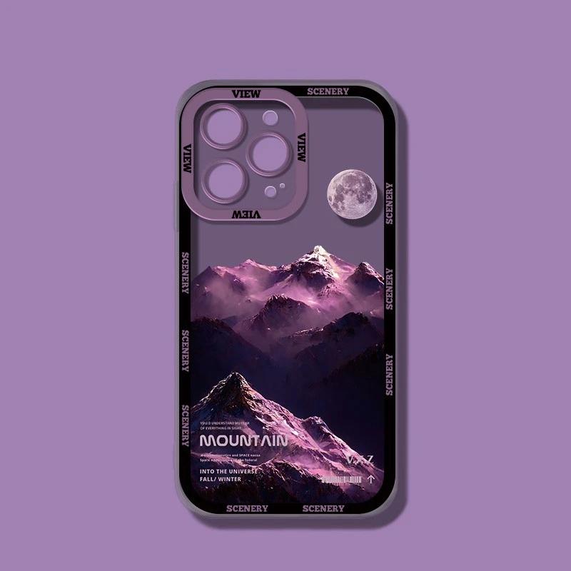 INS Purple Blue Sunset Snow Mountain Phone Case For iPhone 14 15 13 12 11Pro Max XR X XS Natural Scenery Shockproof Bumper Cover