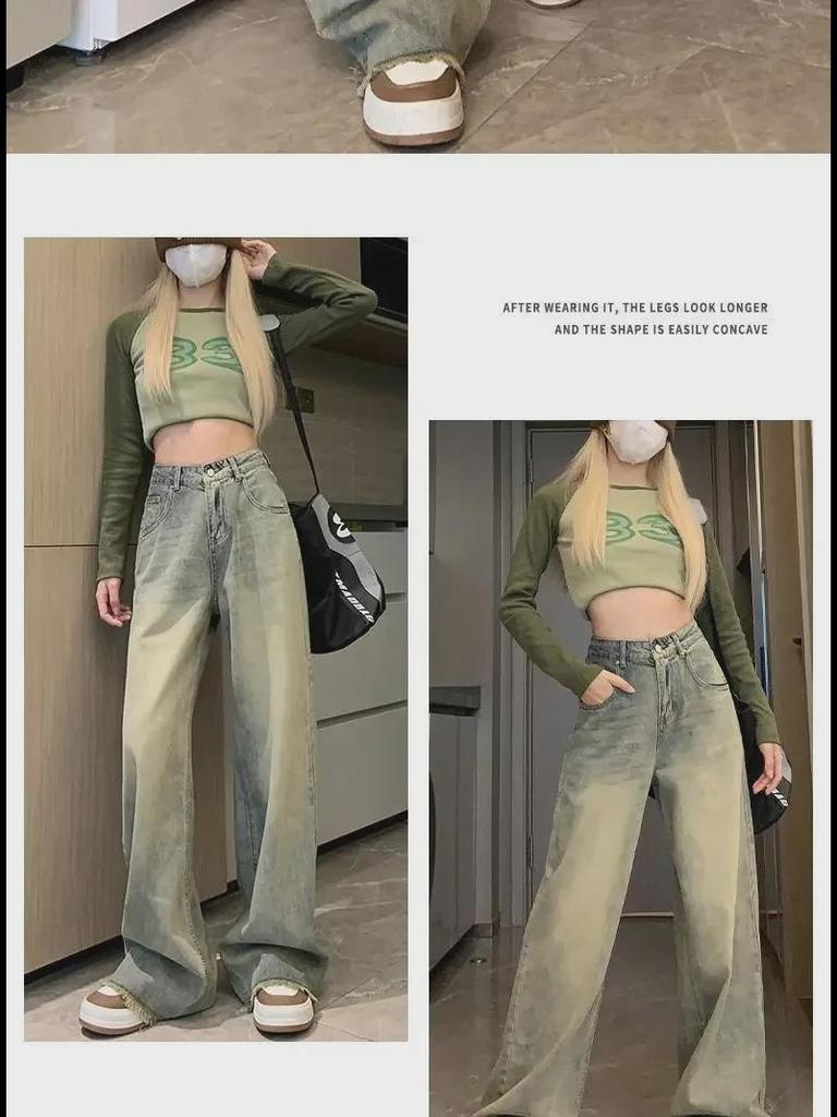 Damskie dżinsy retro z wysokim stanem, szerokimi nogawkami w amerykańskim stylu, z efektem postarzenia - mały rozmiar, luźny prosty krój, surowe wykończenie, idealne na jesień.